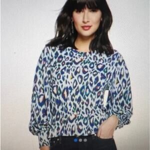 Nine West NWT Colorful Leopard Print Long Sleeve Round Neck Lightweight Blouse M